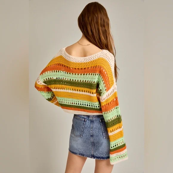 Multicolor Striped Crochet Knit Sweater Top - Picture 3 of 6